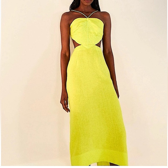 FARM Rio Dresses & Skirts - Farm Rio Monstera Midi Dress Maxi Linen Leaf Open Back Strappy Neon Highlighter